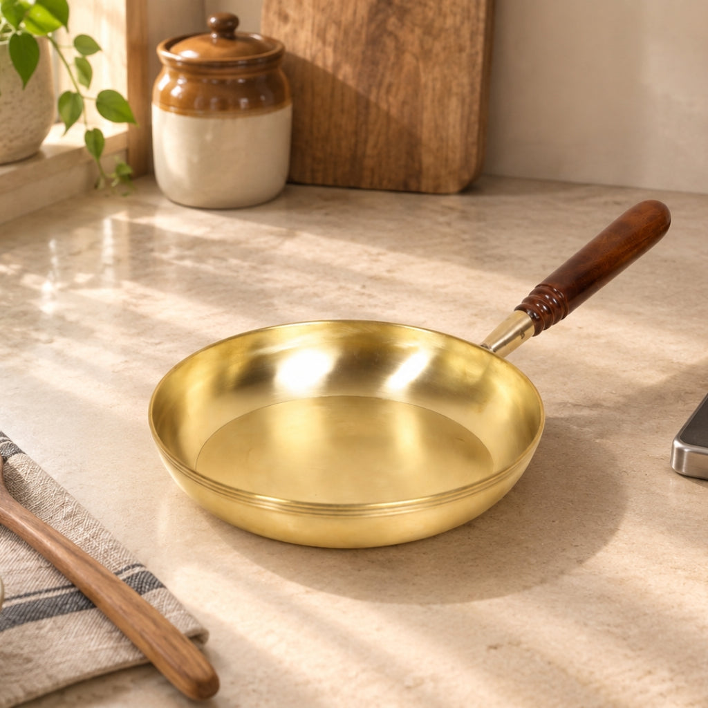 Artisan Brass Frying Pan with Wooden Handle