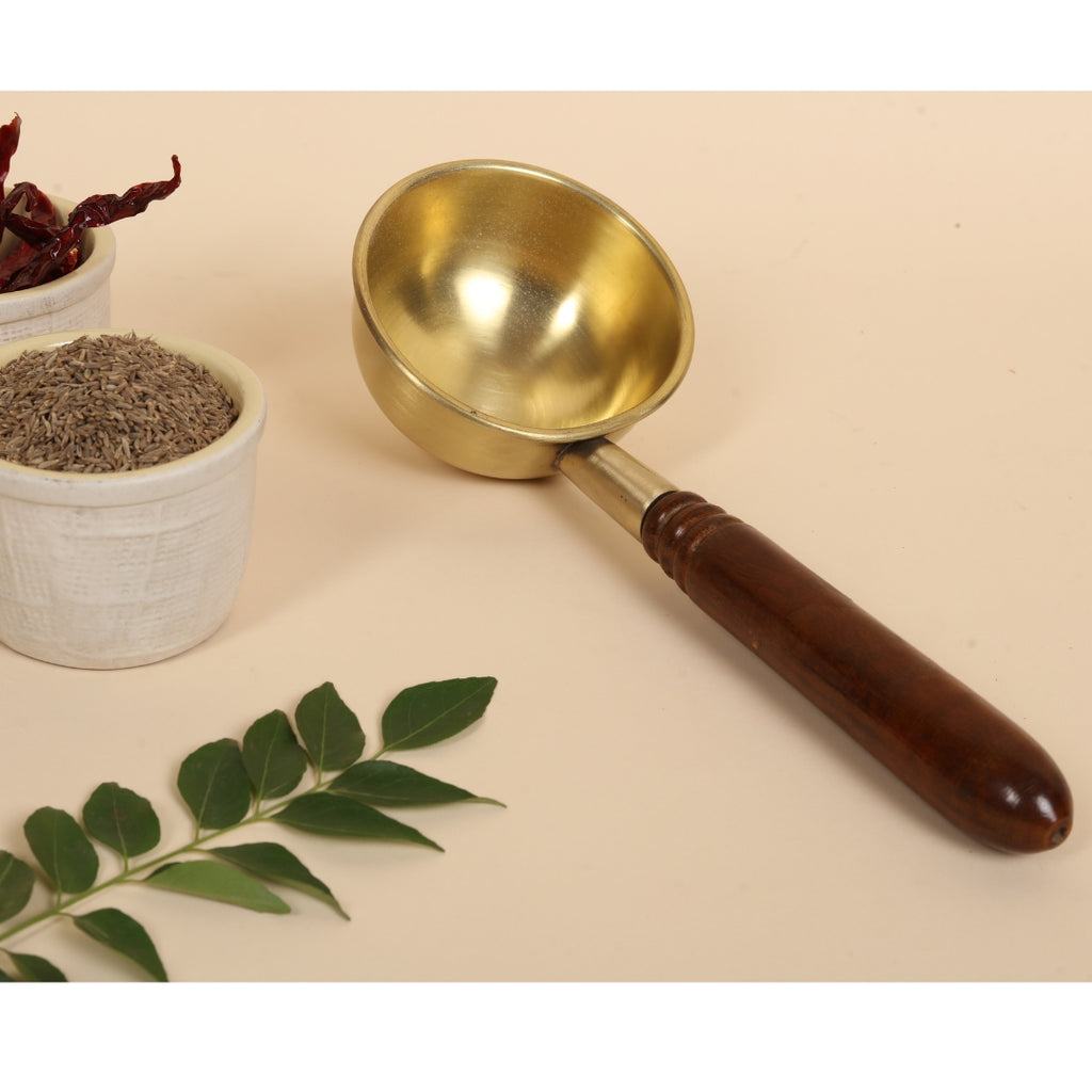 ARTISAN BRASS TADKA PAN WITH WOODEN HANDLE
