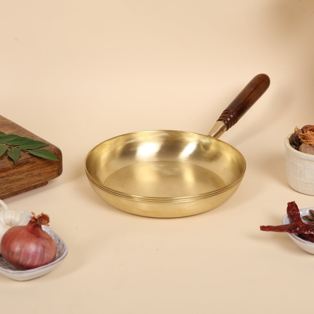 Artisan Brass Frying Pan with Wooden Handle