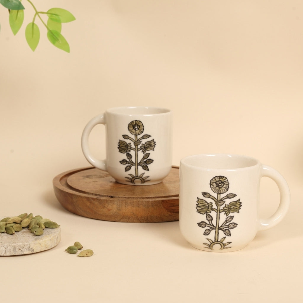 Botanical Ochre Handmade Ceramic Mugs (Set of 2)