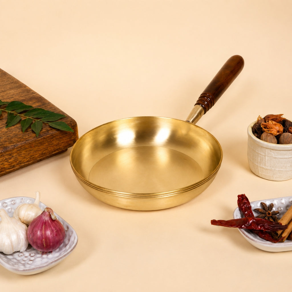 Artisan Brass Frying Pan with Wooden Handle
